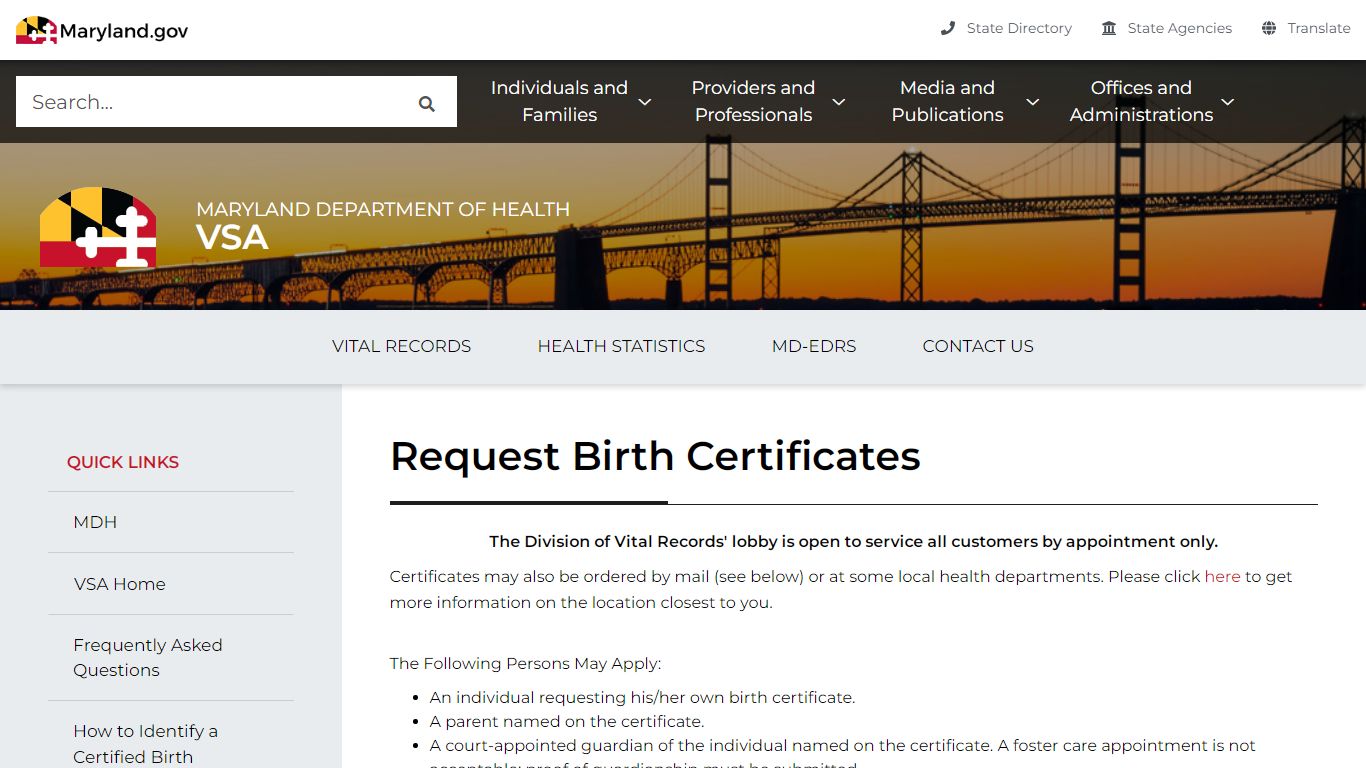 Maryland Department of Health birth